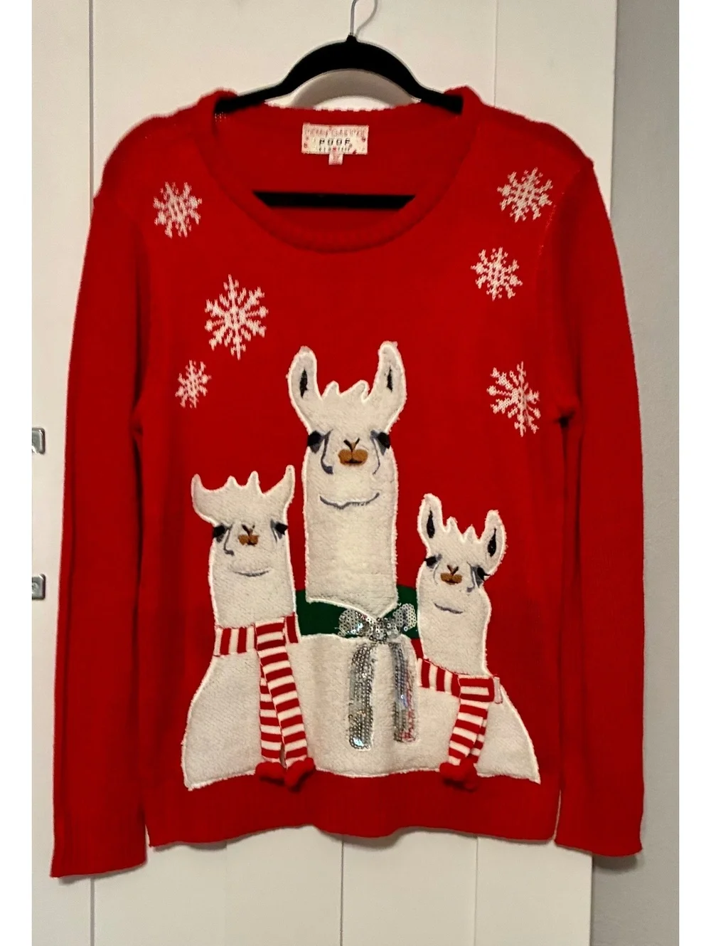 Merry Christmas Poof New York Red Llama Alpacas Ugly Christmas Sweater Size M